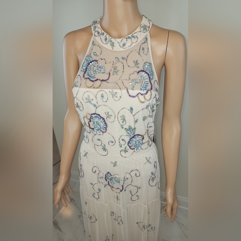 Adrianna Papell Sleeveless Halter Neck Beaded Mesh Keyhole Back Detail - Picture 8 of 12
